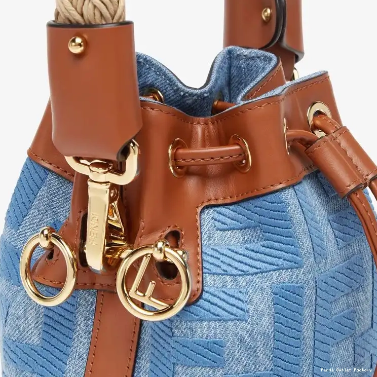 Vintage HOT with Handle Straw Motif Straw Tresor Bag Mon Fendi Bucket Mini In FF Blue 0323